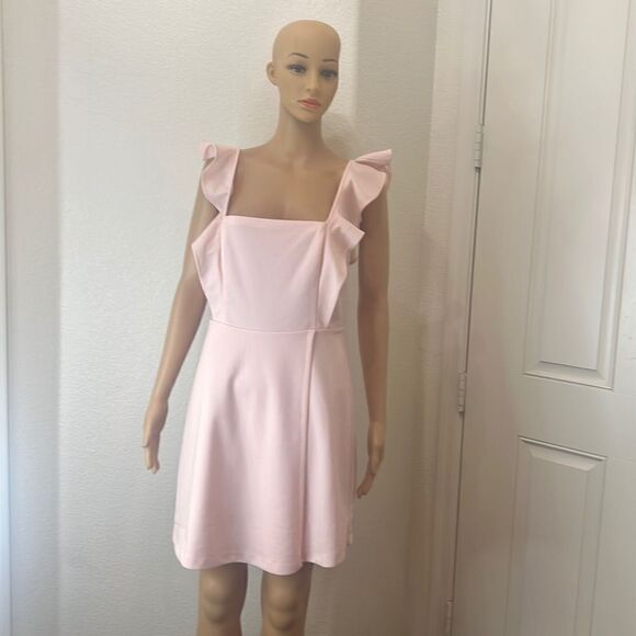 BCBG Paris Dress Pastel Pink Size Small Square Neck Flutter Sleeve Wrap Mini - Picture 1 of 11